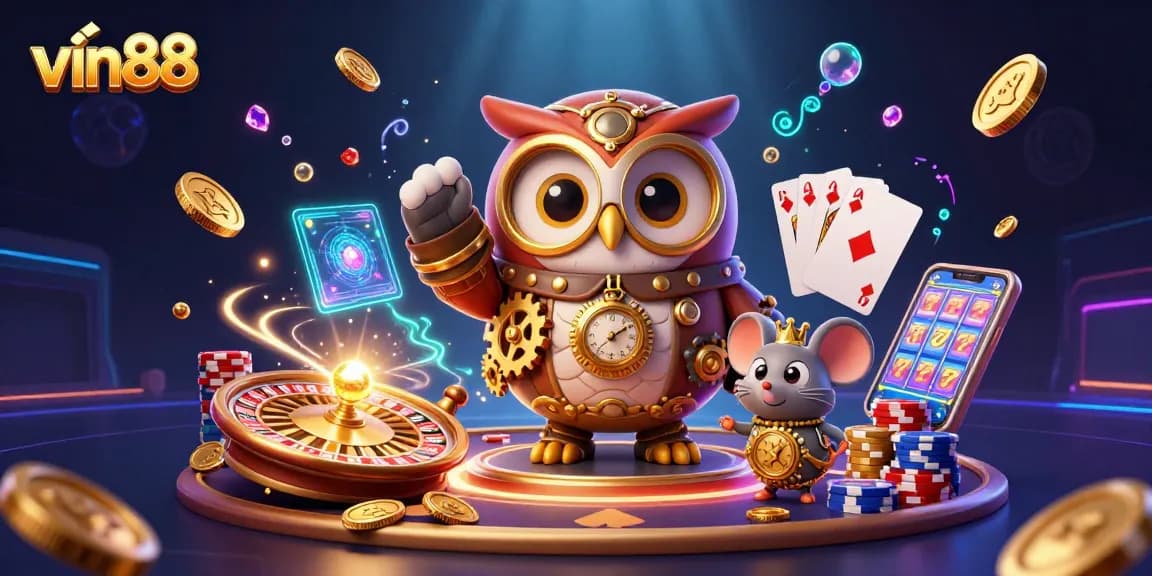 Win big at vin88 with a lively 3D illustration of steampunk elements and casino excitement.
