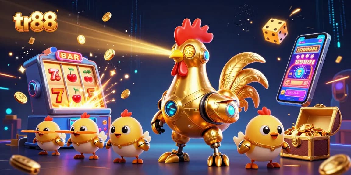 Experience exciting gameplay with tr88 in this vibrant casino illustration featuring a golden rooster robot and dynamic game elements.