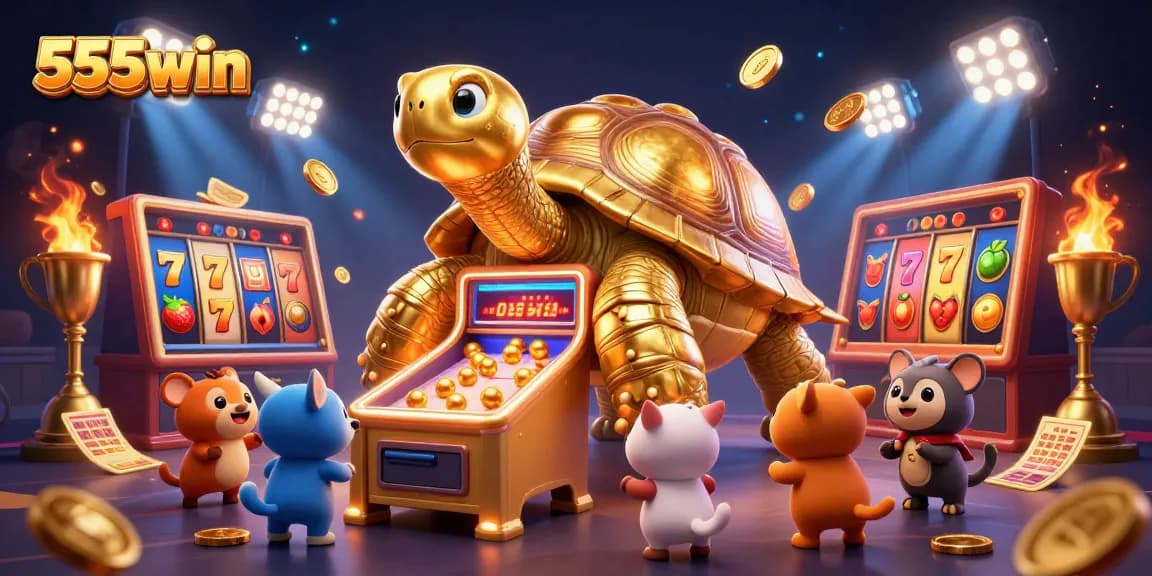 Experience thrilling slots at 555win with captivating golden tortoise and vibrant game elements.