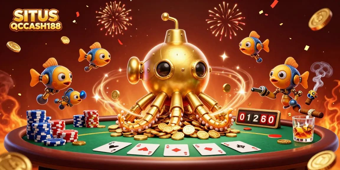 Experience excitement with SITUS QQCASH188 at a vibrant poker scene filled with gold coins and prizes.