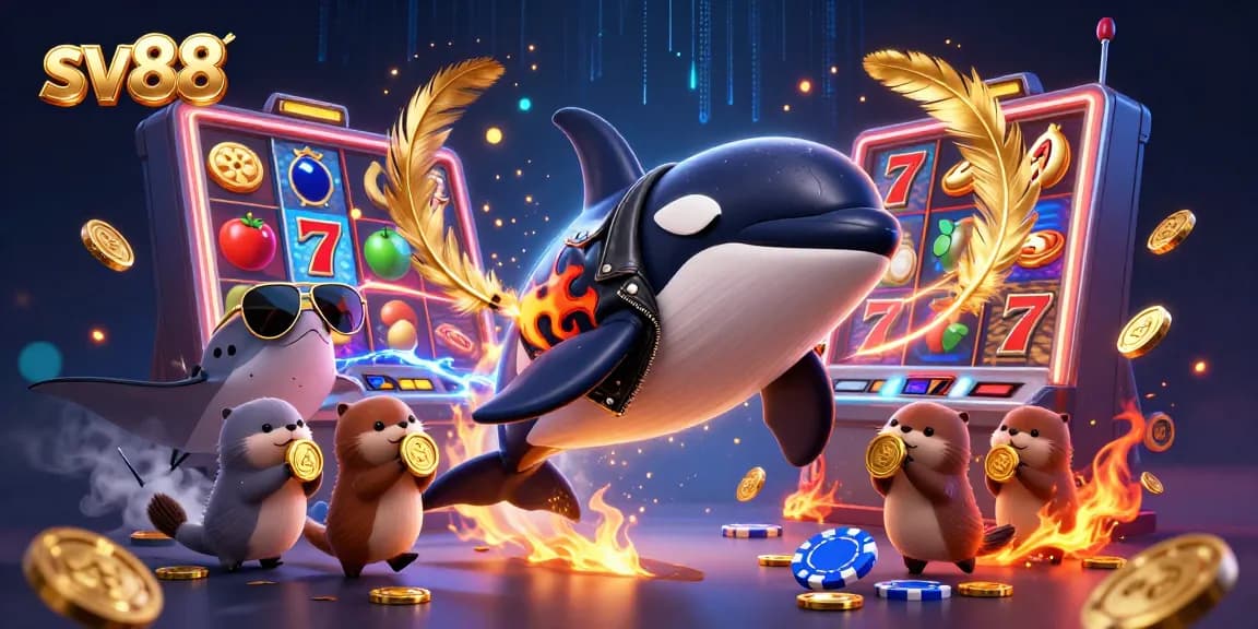 Engage with sv88's dynamic gaming scene featuring thrilling symbols and characters celebrating wins.