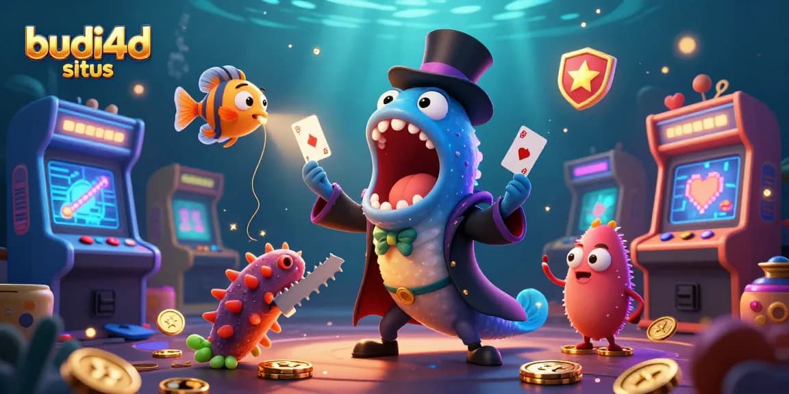 Engage with the vibrant world of budi4d situs as a bioluminescent gulper eel performs magic tricks amid colorful casino game elements.