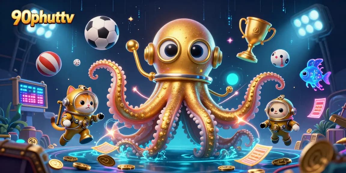 90phuttv showcases a vibrant scene with a kraken and diving cat amidst sports elements.