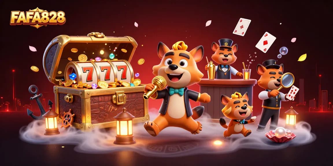Experience the fun at FAFA828 with comedic hyenas and animated gaming elements in a vibrant casino scene.