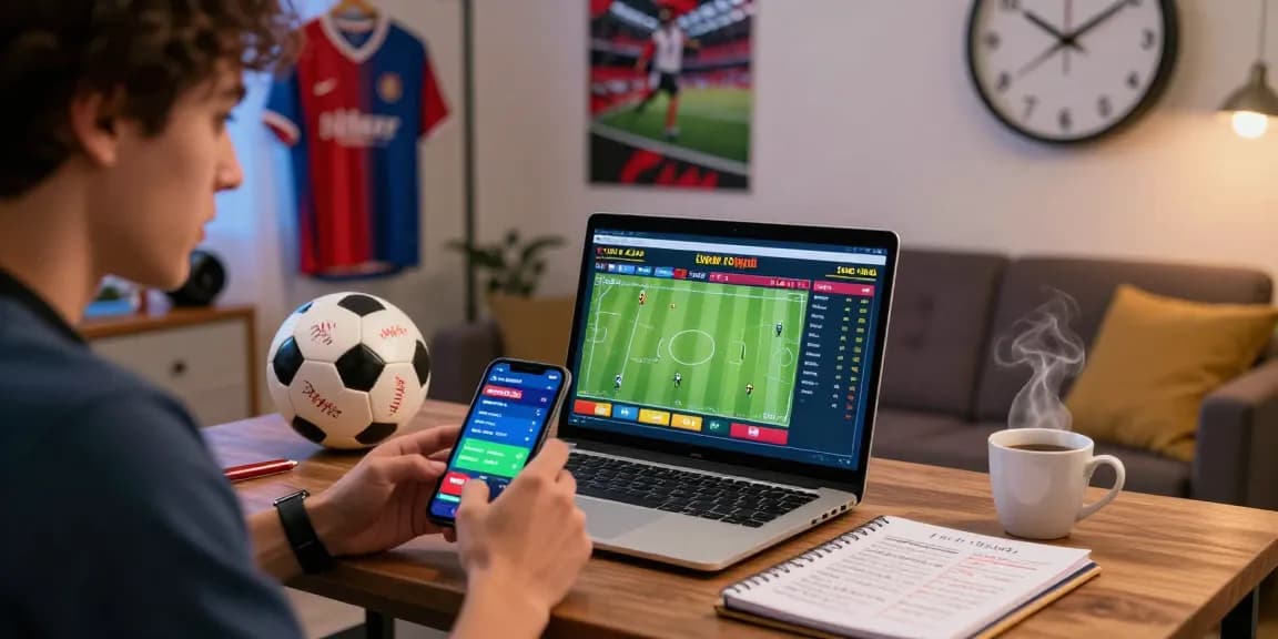 Engaged bettor reviewing tỷ lệ kèo football odds on laptop in lively sports setting