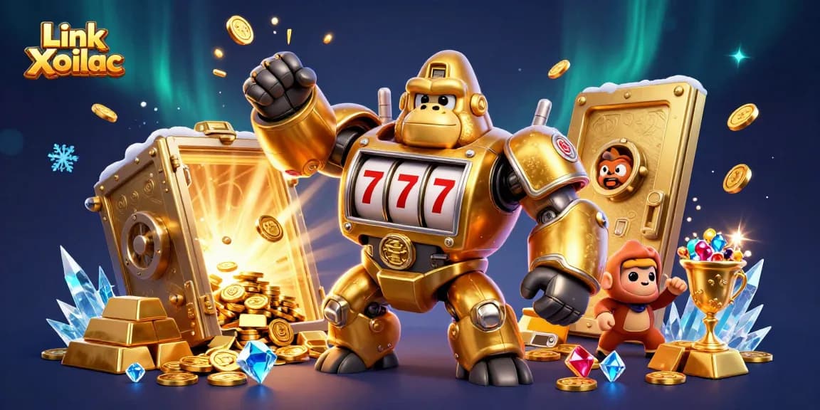 Experience Link Xoilac with a vibrant 3D illustration showcasing a golden gorilla mech amidst treasure elements.