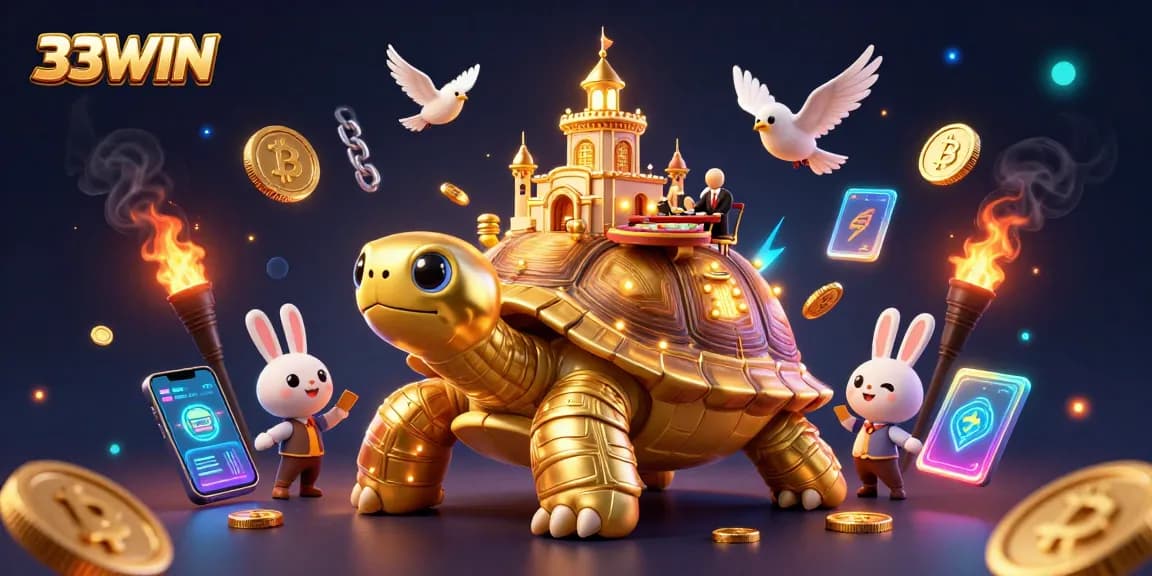 Experience the thrill of 33WIN with an energetic scene showcasing a golden tortoise casino.