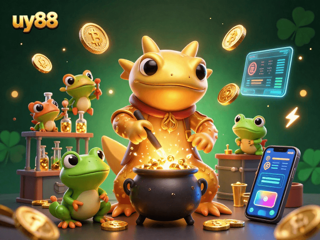 Engaging with UY88 rewards across a vibrant casino theme featuring gold coins and animated elements.