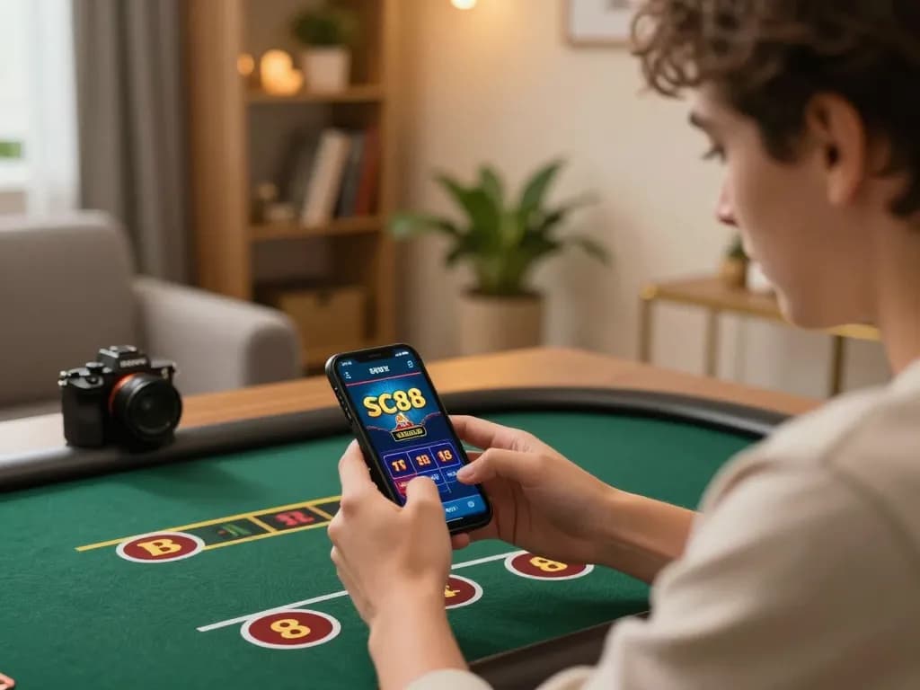 Player strategizing on SC88 mobile app during relaxed home gaming session