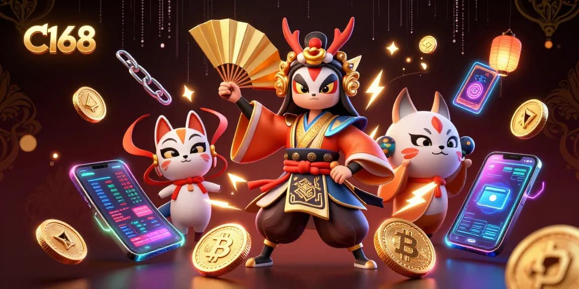 C168 online casino features 3D characters in a vibrant scene full of cryptocurrencies and gaming elements.