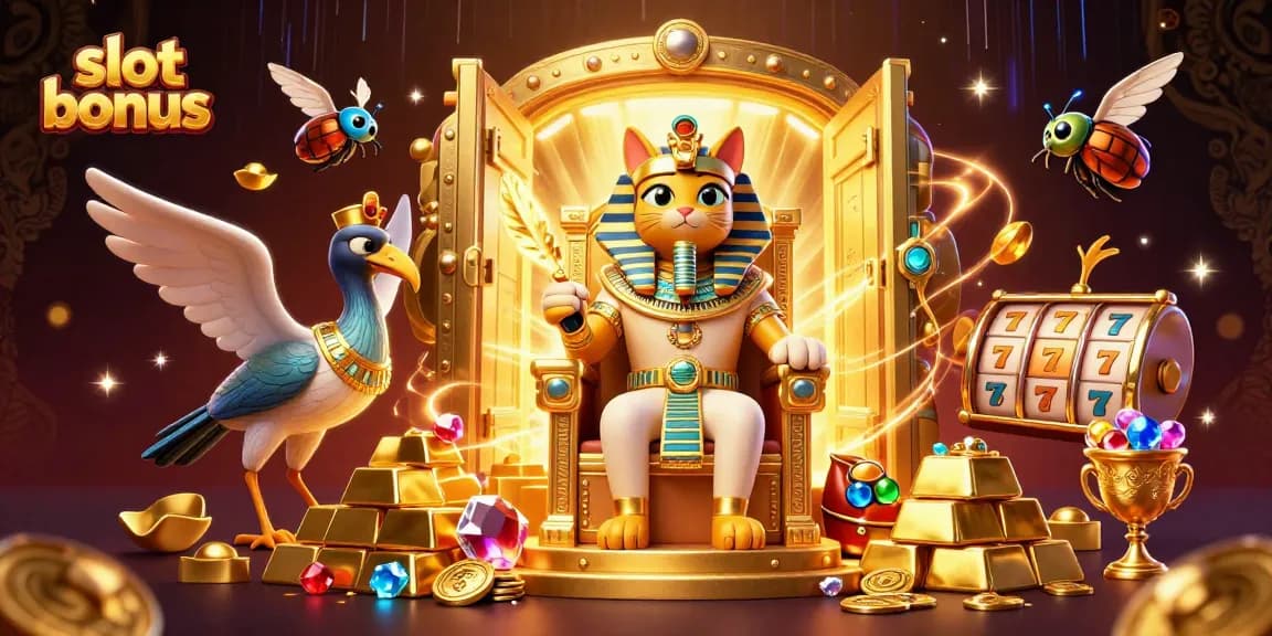 Win big with the slot bonus and golden treasures in this energetic casino illustration.