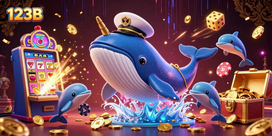Immerse in the excitement of 123B with a vibrant 3D illustration showcasing a whale, narwhal, and dolphins amidst casino elements.