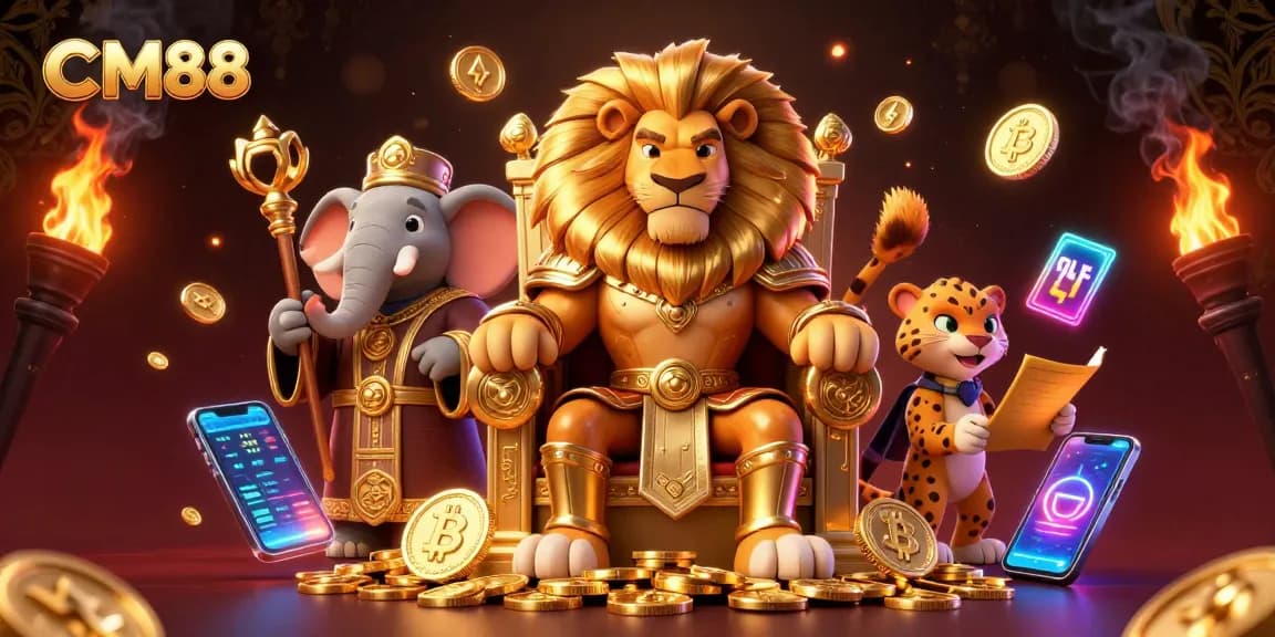 Engage with CM88 at a captivating online casino featuring a lion king, elephant advisor, and cheetah.