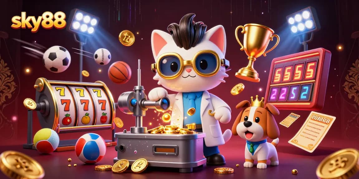 Join the excitement with sky88's thrilling jackpot chase in this dynamic 3D casino scene.