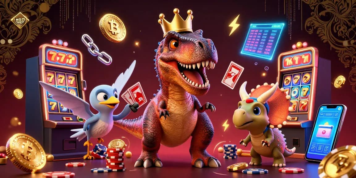 DABET entertains with a lively casino scene featuring a T-Rex, pterodactyl, and triceratops engaged in card games and slot machines.