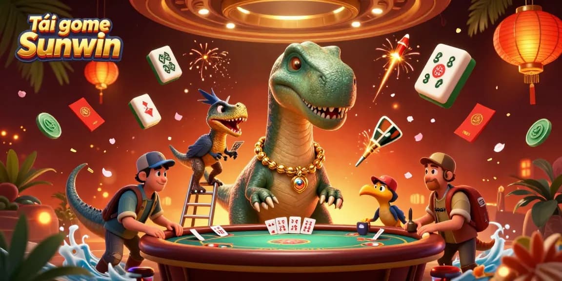 Tải game Sunwin with a playful 3D brontosaurus at a vibrant casino scene, showcasing playful gambling elements.