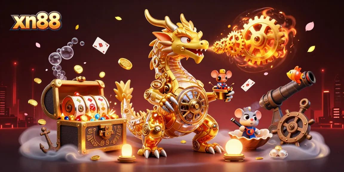 Xn88 players engage thrillingly with a golden dragon-themed slot game, surrounded by treasure and vibrant elements.