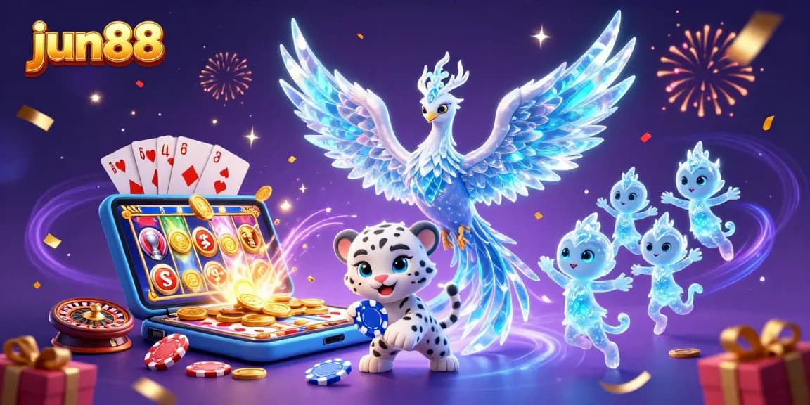 Engage with the thrilling world of jun88 featuring an ice phoenix, playful cub, and dynamic casino elements.