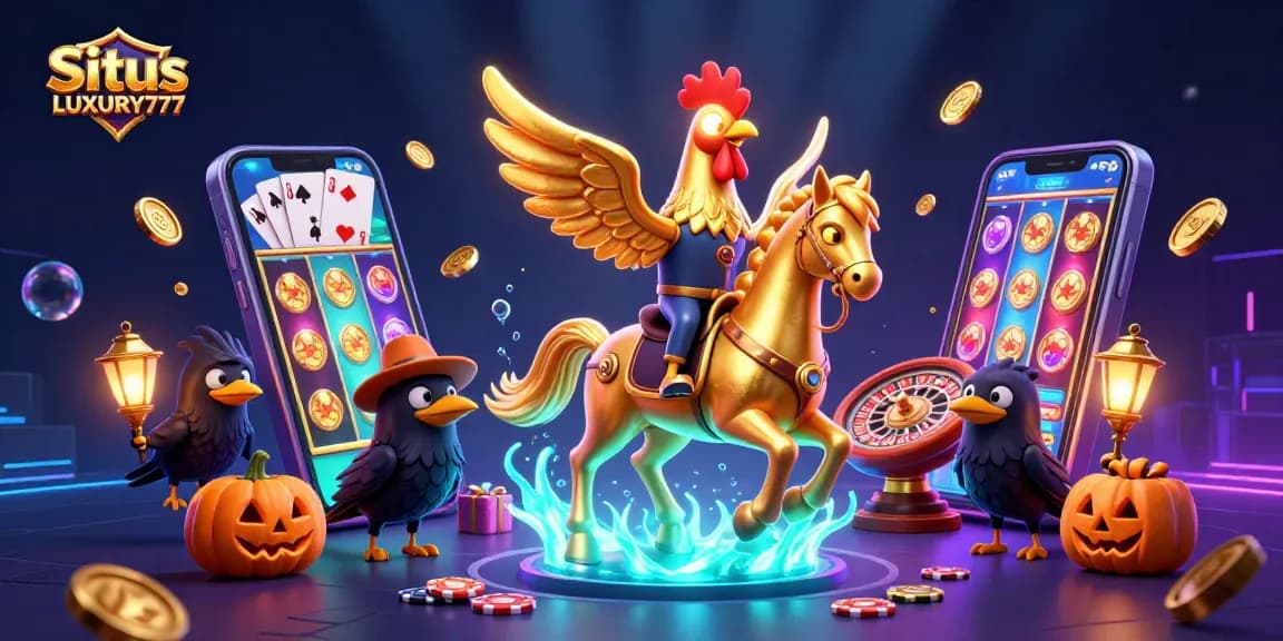 Situs LUXURY777 menampilkan ilustrasi kasino malam yang ramai dengan elemen slot dan karakter unik menghibur