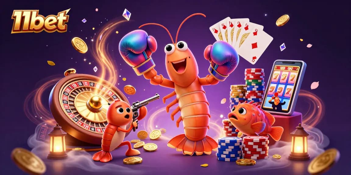 Experience thrilling casino action with 11bet and vibrant shrimp characters in a dynamic scene.