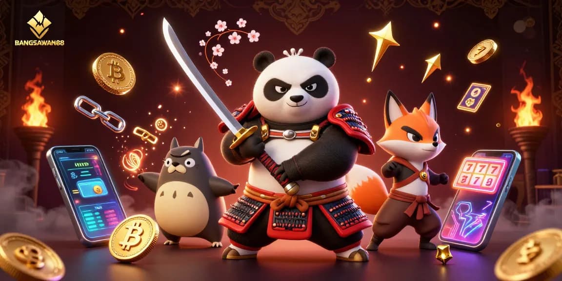 BANGSAWAN88 showcases a fierce samurai panda in action amidst vibrant slot elements, symbolizing excitement in online gambling.