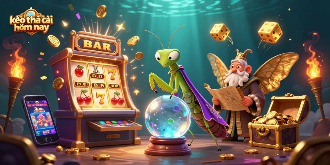 Engage with kèo nhà cái hôm nay through a vibrant 3D scene of fortune tellers and casino games.