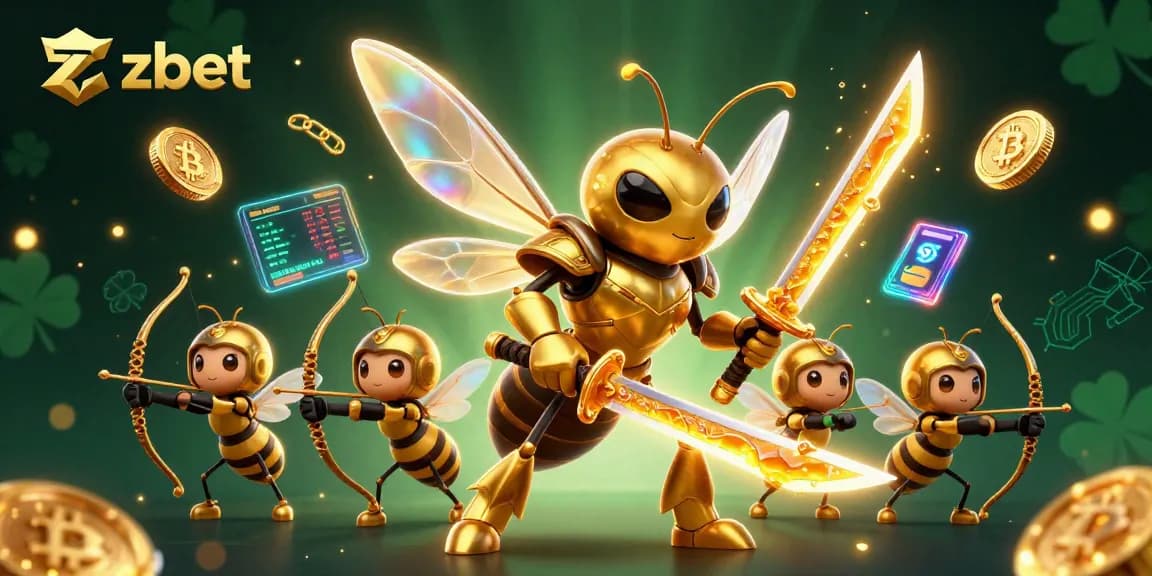 Engage with zbet at a vibrant online casino, featuring a cartoon golden hornet and crypto-themed elements.