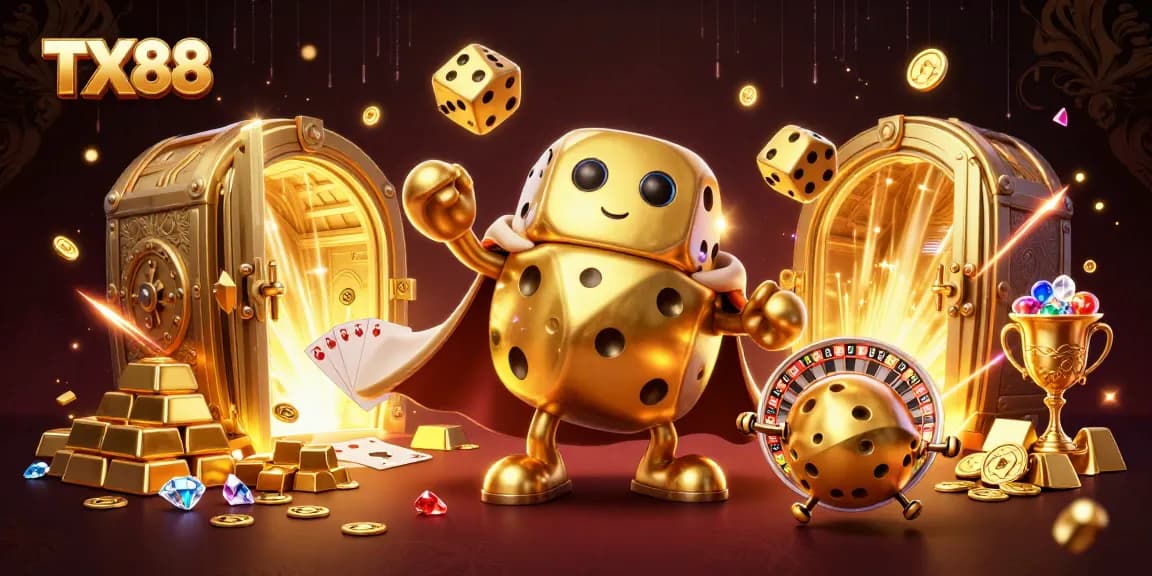 TX88 thrills as a golden dice golem juggles winnings amidst bright casino treasures.