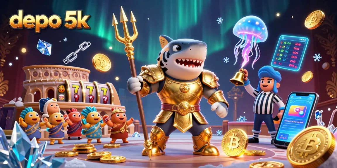 Play depo 5k with exciting slot reels in a dynamic underwater casino scene featuring a tiger shark.