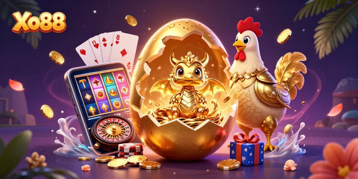 Xo88 showcases a thrilling scene with a golden dragon, poker chips, and dynamic casino elements