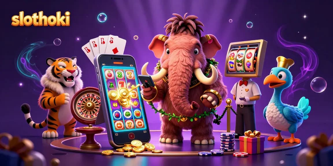Slothoki menghadirkan ilustrasi bouncer mamut berbulu yang menjaga pintu kasino dengan elemen slot yang berkilauan.
