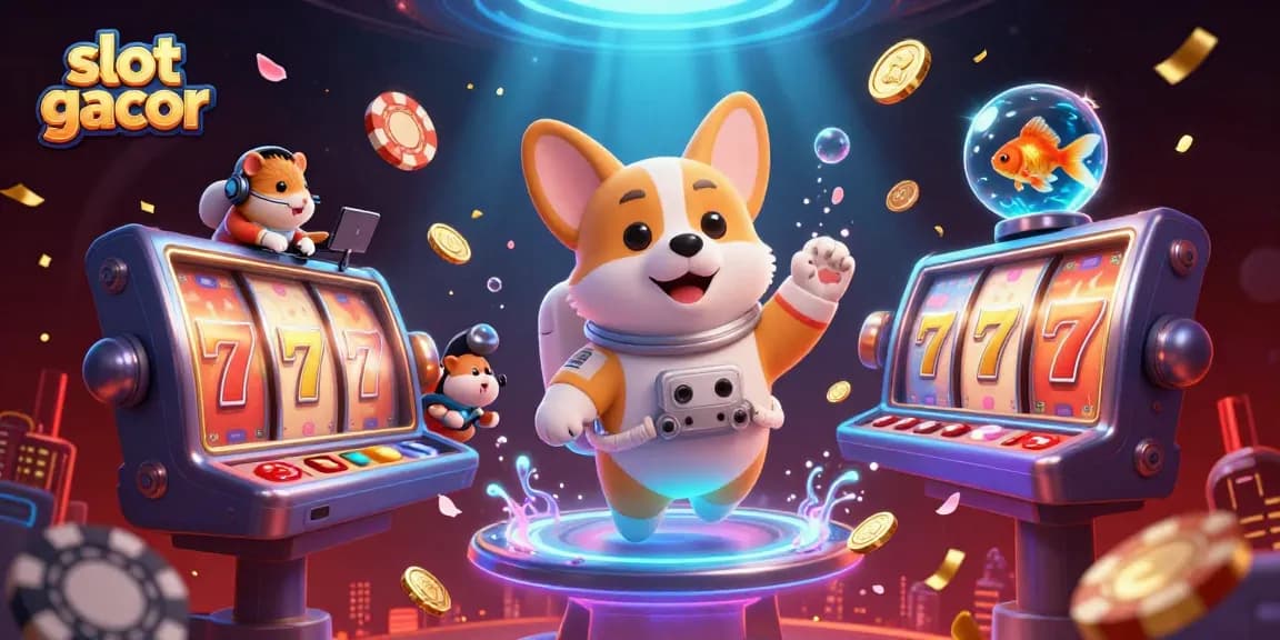Slot gacor menampilkan korgi astronot dan karakter menarik lainnya di dalam kasino luar angkasa.