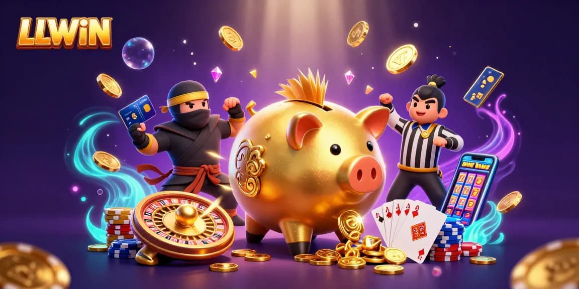 LLWIN promotions feature a golden piggy bank sumo wrestler surrounded by winning coins and vibrant casino elements.
