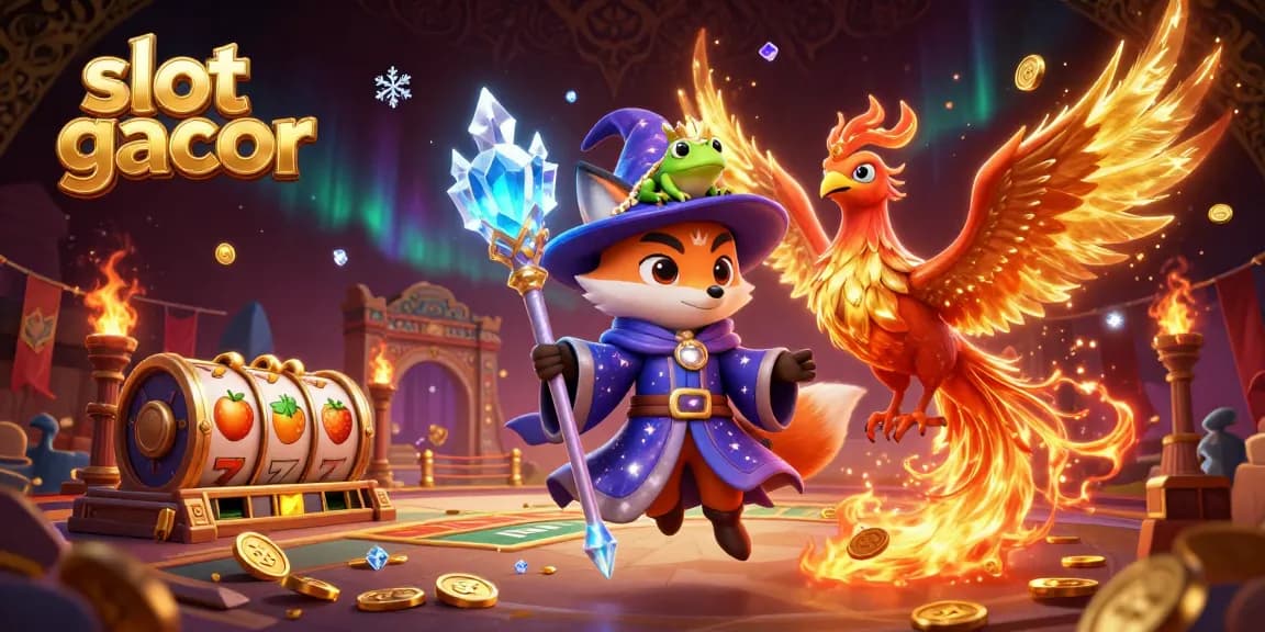 Experience slot gacor action with a wizard fox and phoenix amid vibrant casino elements.