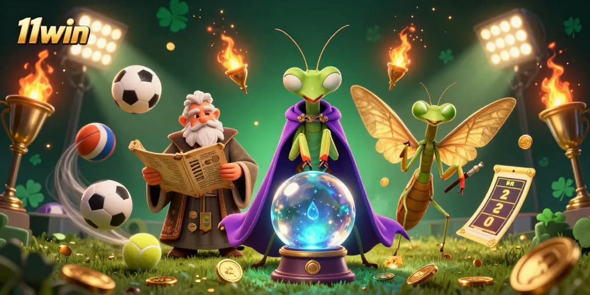 Experience 11win with a mystical fortune teller and sports betting elements in this vibrant 3D illustration.