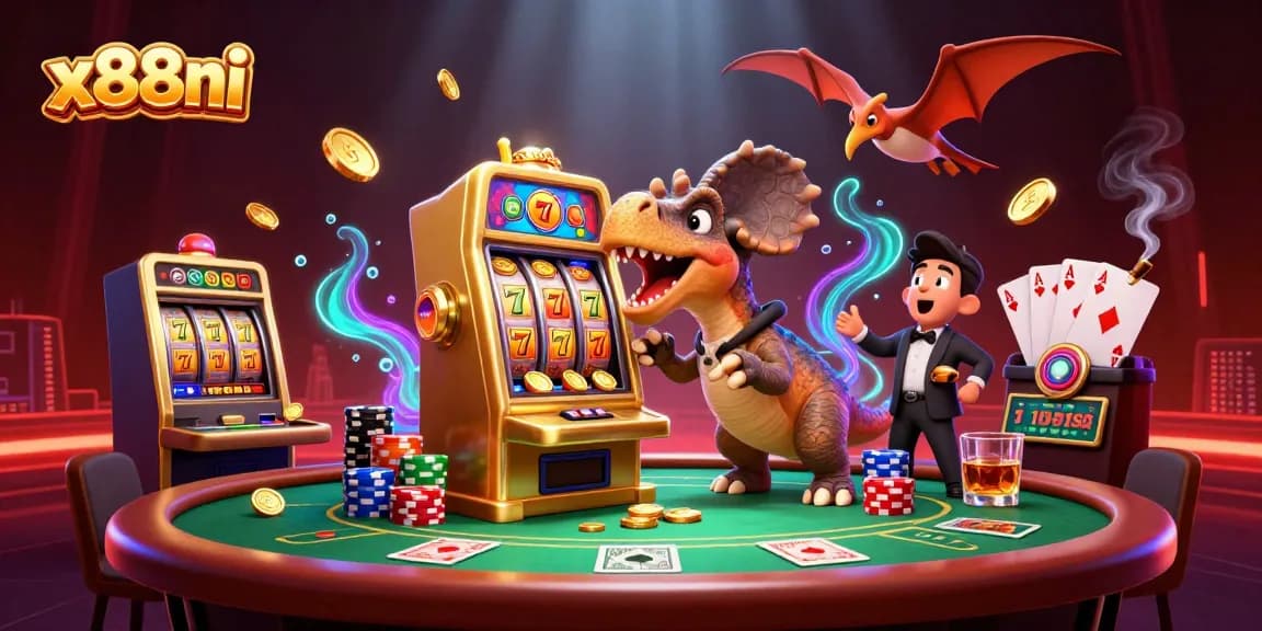 Experience jackpot excitement with x88ni as dinosaurs engage in a thrilling casino adventure.