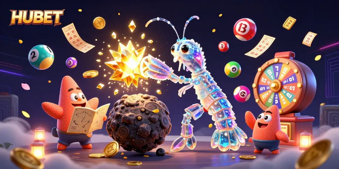 Engage with HUBET's exciting gaming experience featuring colorful lottery elements and captivating characters.