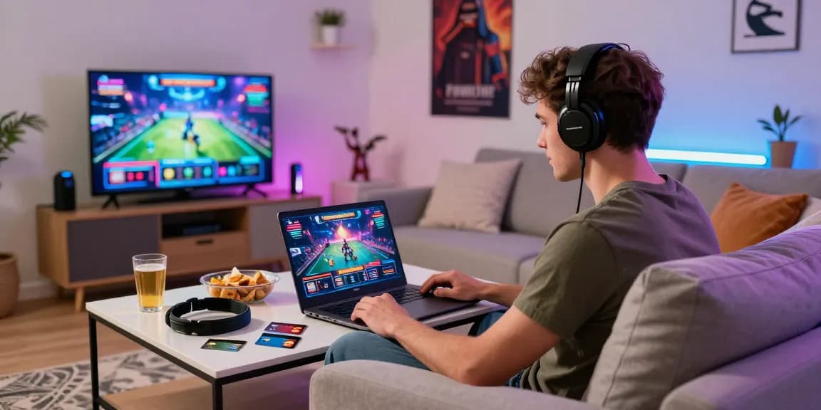 Engaging online gaming atmosphere at https://bhma.org.uk featuring a young adult playing casino games with credit cards nearby.