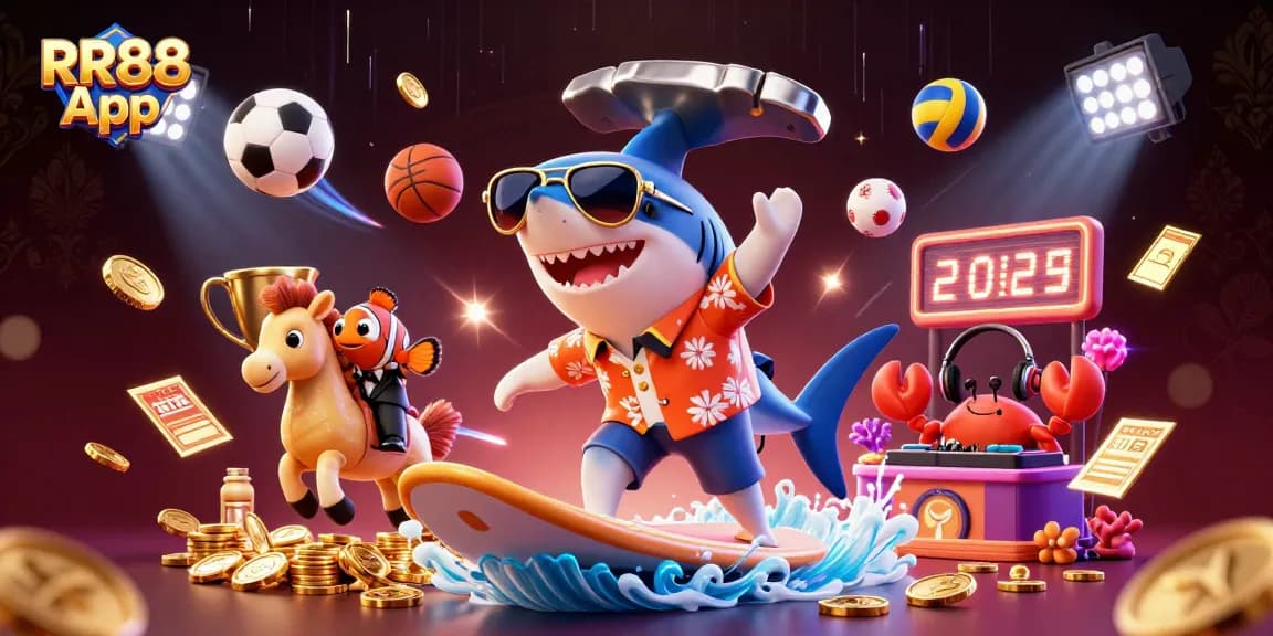 Engage with RR88 App in a thrilling casino-themed 3D illustration featuring vibrant characters and dynamic elements.