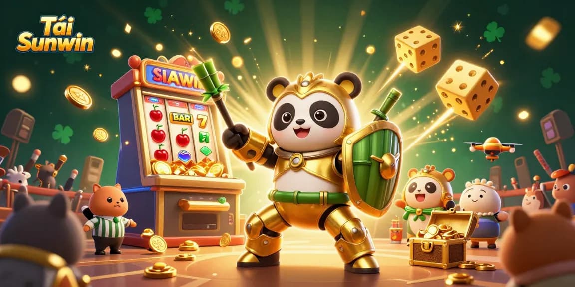 Tải Sunwin features a mech-suit panda in a casino scene with slot machine and joyful animal spectators.