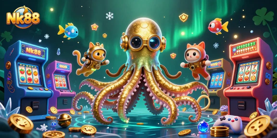 Engage with Nk88's thrilling gaming scene featuring an epic kraken and vintage diving cat.