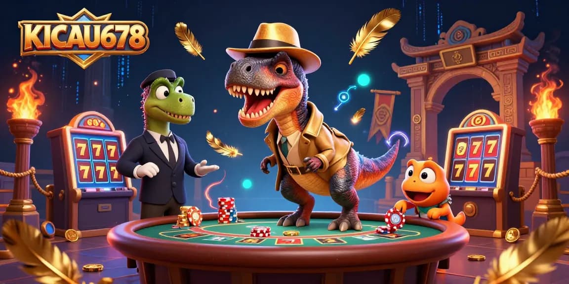 KICAU678 showcases thrilling blackjack scene with a velociraptor card counter and stegosaurus pit boss.