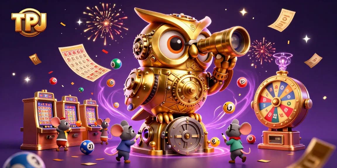 TPJ energizes casino encounters with a 3D golden owl and wind-up mice amidst colorful lottery activities.
