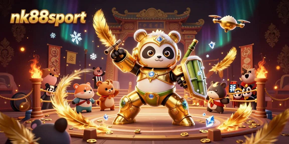 Experience thrilling action at nk88sport with a golden panda mech battling in a dynamic casino arena.
