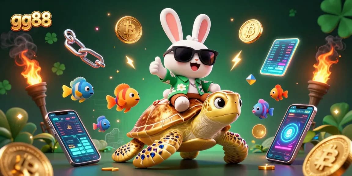 Experience thrilling gaming with gg88 as a lucky rabbit rides a golden turtle amidst colorful casino elements