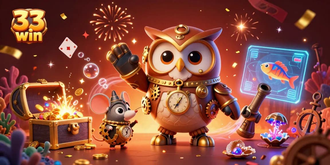 Immerse in the vibrant 33 win casino scene where steampunk owl guides treasure hunters through dynamic games.