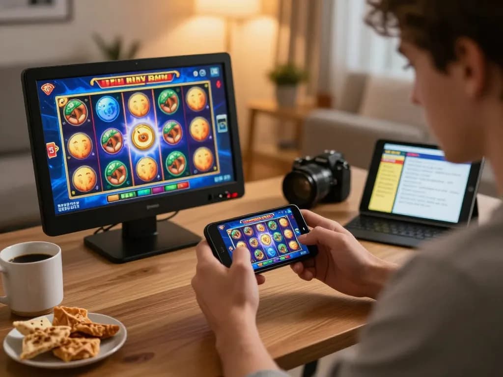 Experience the thrill of NOHU52 online slots with a player engaged in gameplay on a smartphone in a cozy home setting.