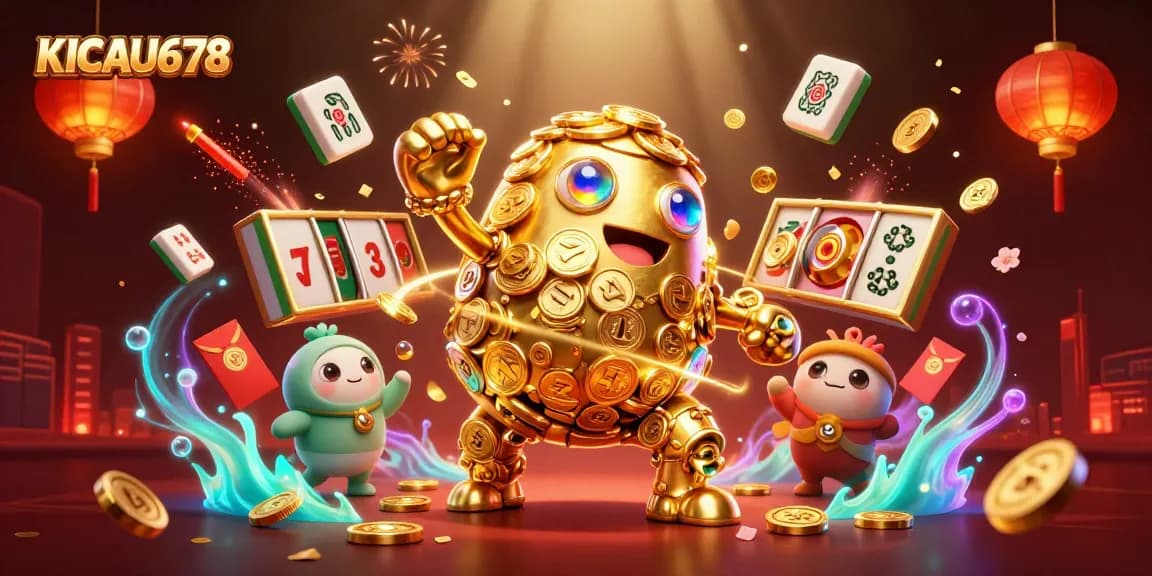 KICAU678 golden golem spins lucky slots in a vibrant casino scene filled with festive elements.