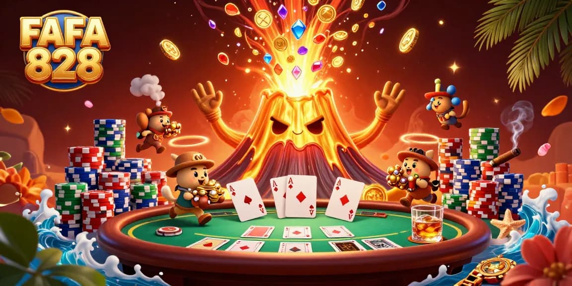 Win big at FAFA 828 with a thrilling poker scene featuring a volcano of treasures!