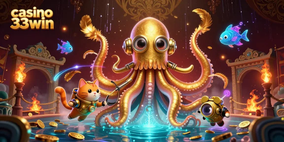 Experience thrilling action at casino 33win with a colossal kraken and diving cat spectacle.